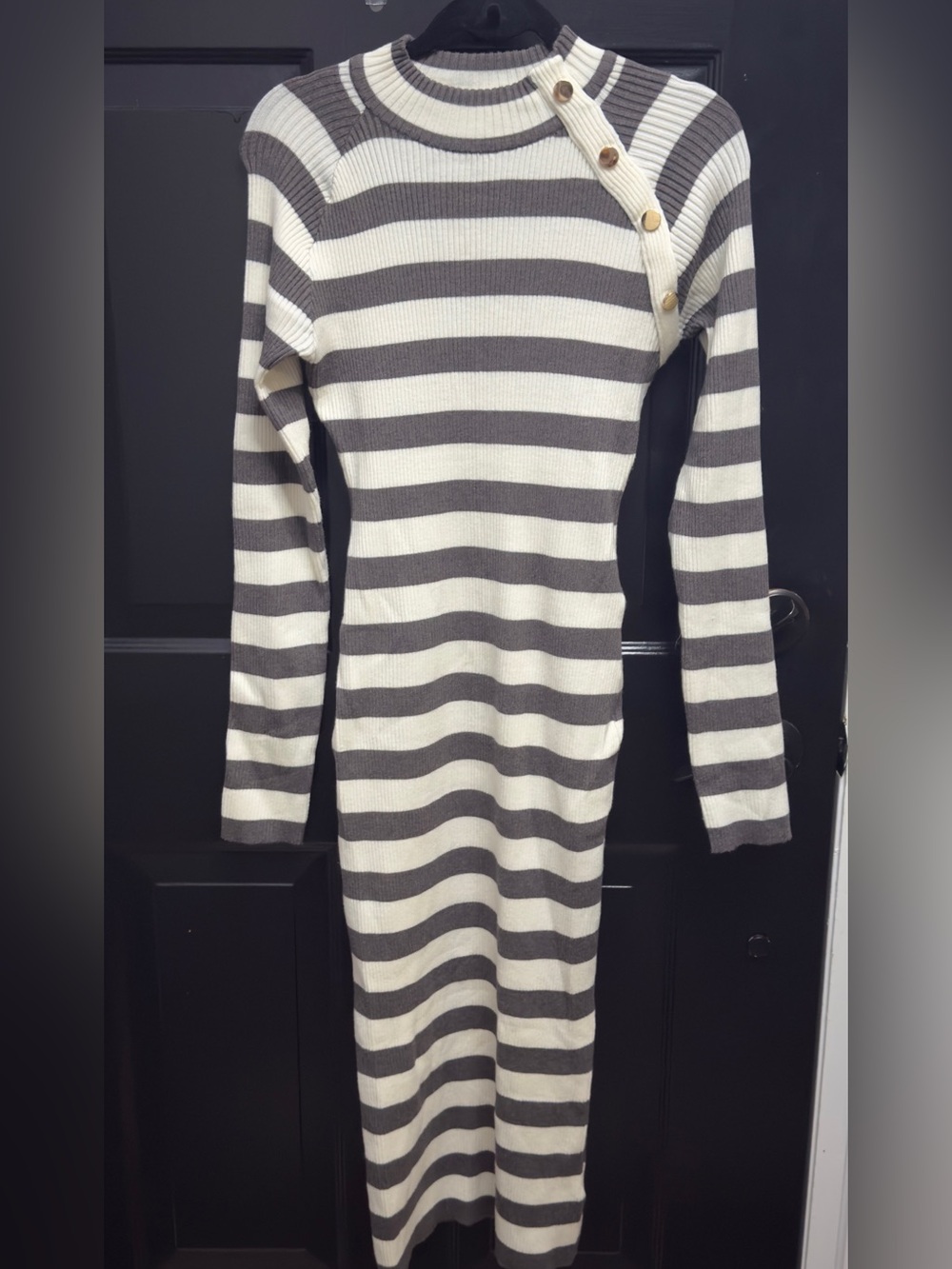 Able Striped Long Sleeve Knit Dress in Cream and Gray